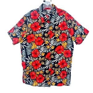 VTG Lauren Lee Red Hibiscus Tropical Floral Button Down Shirt Short Sleeve XL